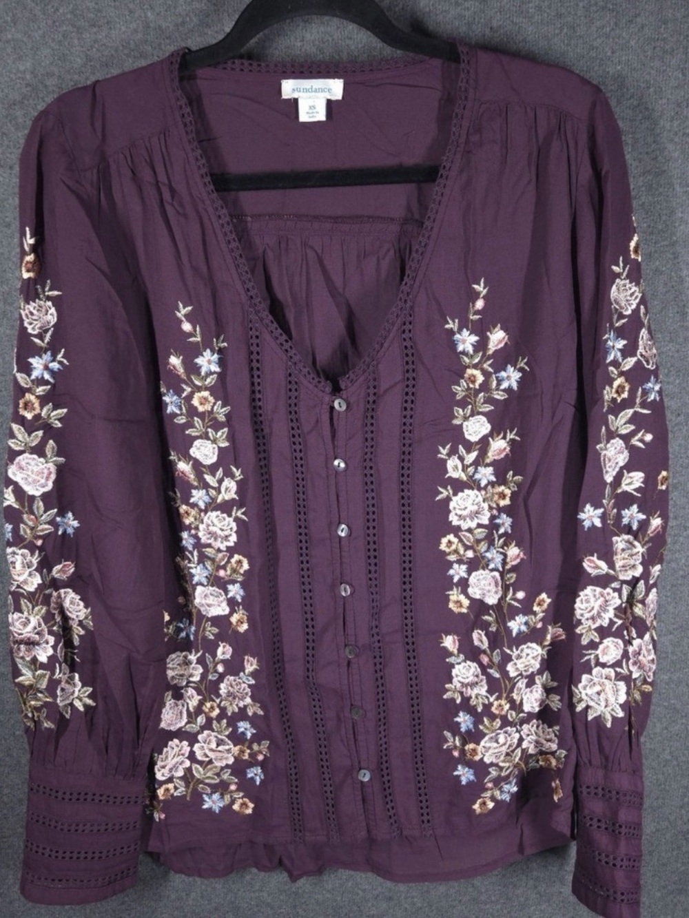 Sundance Plum Floral-Embroidered V-Neck Blouse - Picture 1 of 6